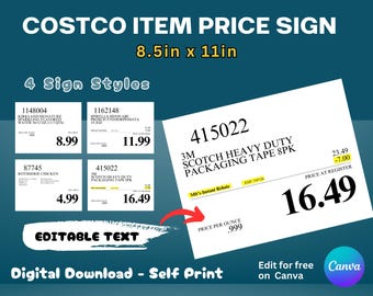 Costco Item Price Signs 8.5x11- editable, digital download, self print