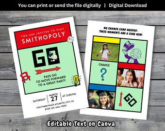 Classic Game-Inspired Party Invitation, "Pass Go" | Editable 5x7" Canva Template | Custom Name & Photos | Instant Download