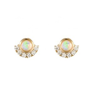 DEMILUNE Opal Stud Earrings | White Fire Opal | Opal & Cz Studs | Gold Opal Studs | Opal Cz Earrings | Semi Circle | Dainty Opal Studs