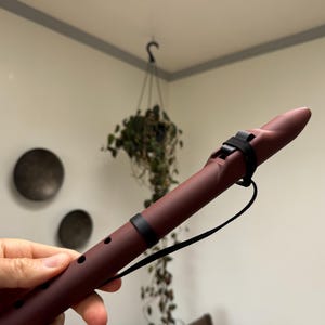 Puede incluir: Una flauta de color burdeos con detalles negros. El instrumento se sostiene en una mano. El fondo presenta una planta colgante y decoración de pared. La flauta tiene una correa negra.