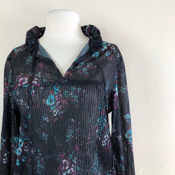 vintage 60s black floral blouse | 1960s sheer ple… - image 6