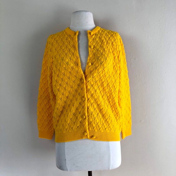 vintage 60s pointelle knit cardigan | saffron yel… - image 2