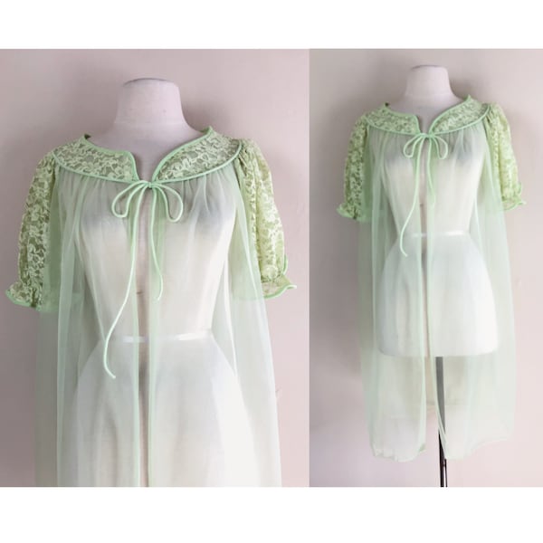 vintage sheer lace chiffon key lime peignoir nightgown | babydoll lingerie robe | tent trapeze 1950s 50s 1960s 60s