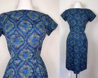 vintage 50s wiggle dress peacock print | 1950s pencil skirt sheath dress | mod bombshell rockabilly