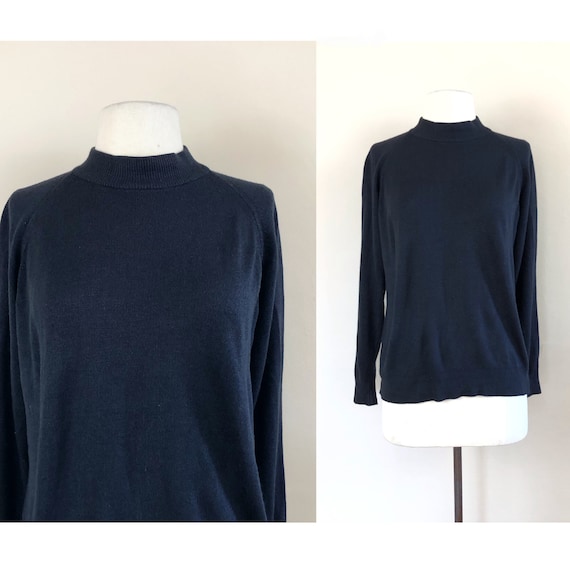 vintage navy silk knit top | mock turtle neck blou