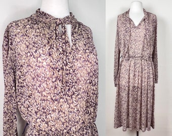 vintage 70s thin sheer floral lightweight dress | tie neck disco secretary | airy midi  wildflower