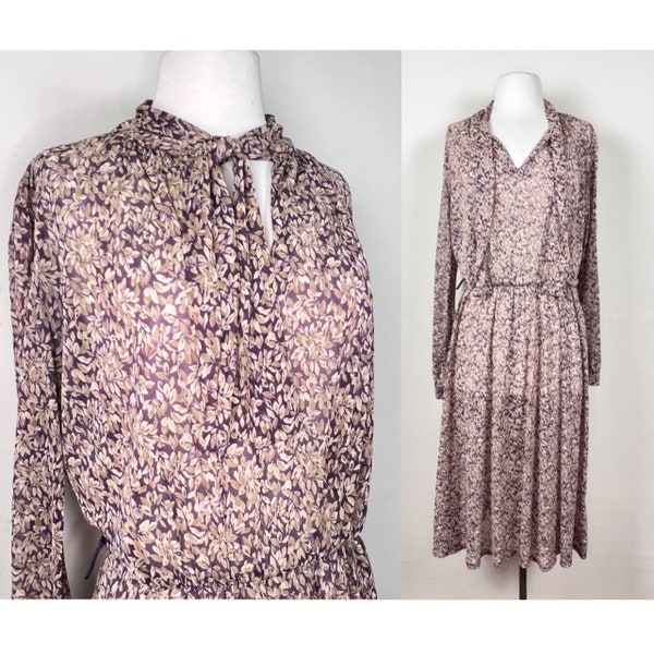 vintage 70s thin sheer floral lightweight dress | tie neck disco secretary | airy midi  wildflower