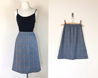 vintage school girl secretary skirt | 60s 70s soft jersey knit a line skirt | knee length faux tweed plaid skirt