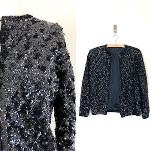 vintage 1950s black sequins cardigan | 50s glitter jacket | sparkle mod 60s 1960s cocktail glam sweater