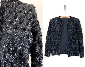 vintage 1950s black sequins cardigan | 50s glitter jacket | sparkle mod 60s 1960s cocktail glam sweater