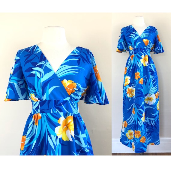 vintage 60s Hawaiian maxi dress | flutter sleeve … - image 1