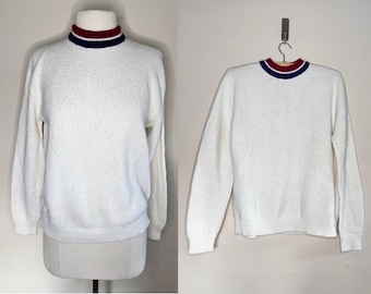 vintage 50s boucle knit talon zipper mock neck sweater mod 1950s rockabilly bombshell white ivory top blouse shirt long sleeve