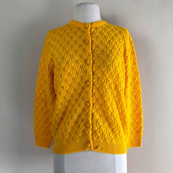 vintage 60s pointelle knit cardigan | saffron yel… - image 6