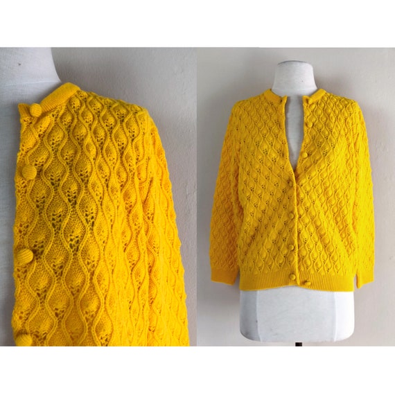 vintage 60s pointelle knit cardigan | saffron yel… - image 1