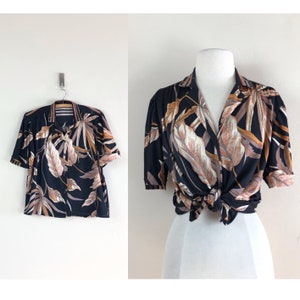 vintage 70s top psychedelic blouse | high waist plant print cropped | boho hippie hippy