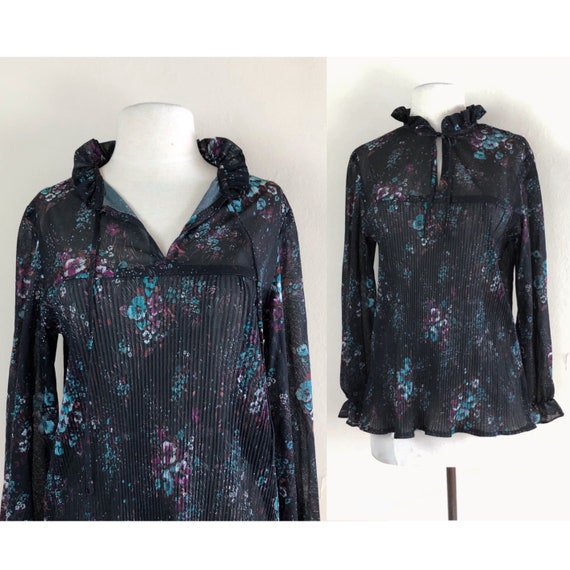 vintage 60s black floral blouse | 1960s sheer ple… - image 1