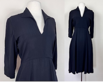 1940s vintage black crepe dress | WWll tea dress | day dress wool midi rockabilly swing secretary 40s talon zipper