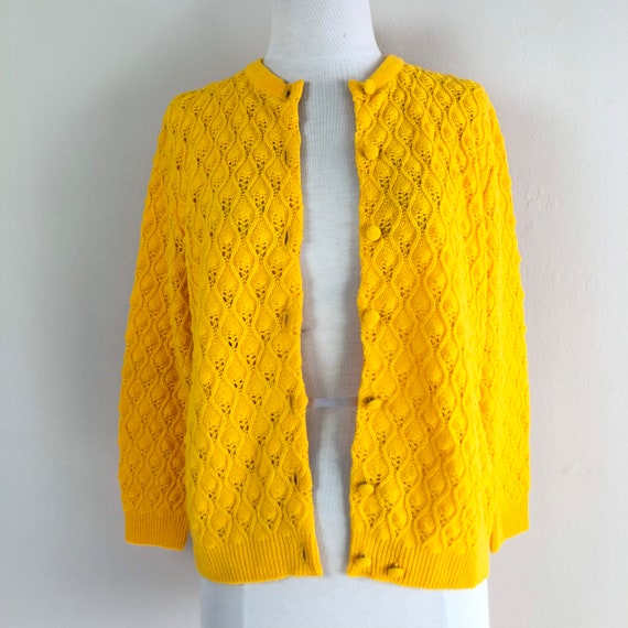 vintage 60s pointelle knit cardigan | saffron yel… - image 8