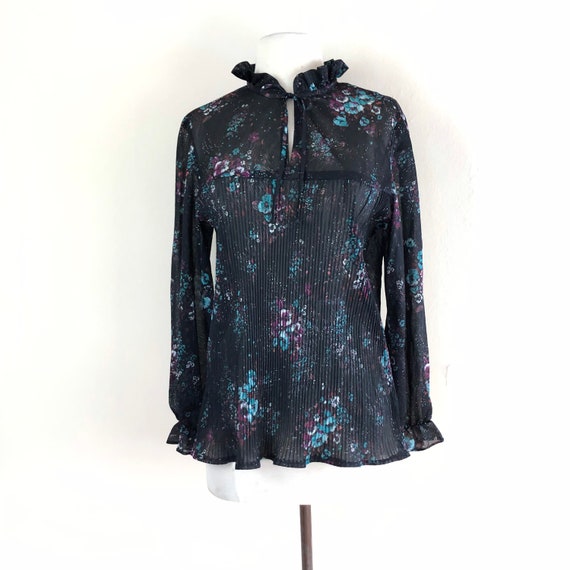 vintage 60s black floral blouse | 1960s sheer ple… - image 5