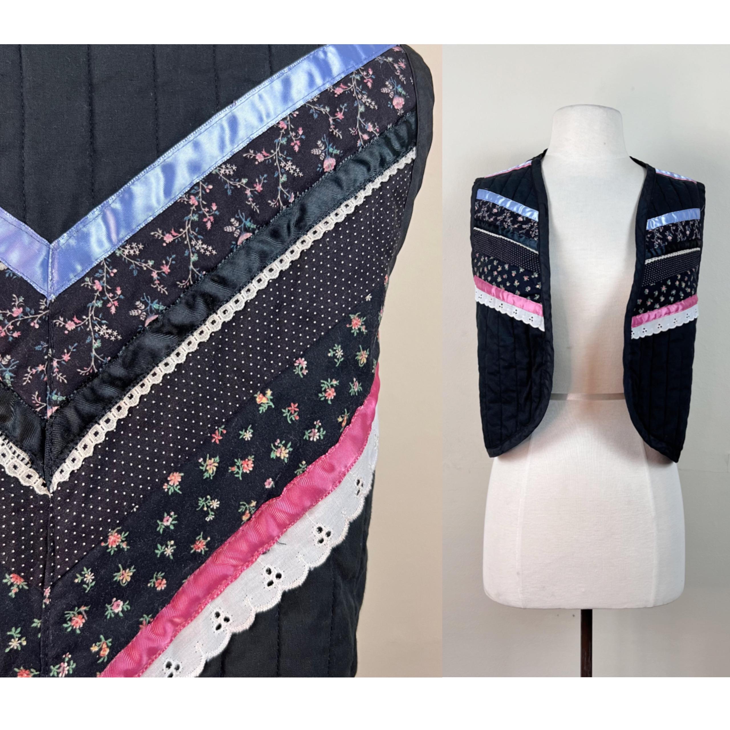 ハンドメイド オールド コテージコア 古着 花柄 パッチワーク フード付ベスト ハンドメイド オールド コテージコア 古着 花柄 パッチワーク フード付