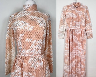 vintage de la década de 1960 oro bordado pura jacquard maxi vestido / chinoiserie sumi-e vestido de lunares florales / mod boho hippie