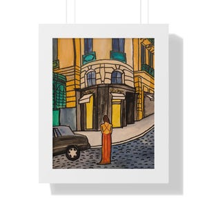 Poster verticale, donna acquerello in abito svolazzante in piedi fuori Cartier a Monaco, stampa artistica incorniciata, decorazione da parete, decorazione per ufficio domestico,