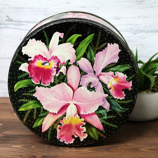 Vintage Cookie Tin, Round Peek Frean Biscuit Container, Pink Orchids on Lid and Sides, Collectible Tin, Made in England, Storage Container