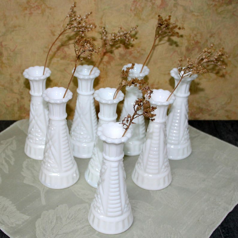 Set Of 8 White Milk Glass Vases Vintage White Glass Tapered Etsy