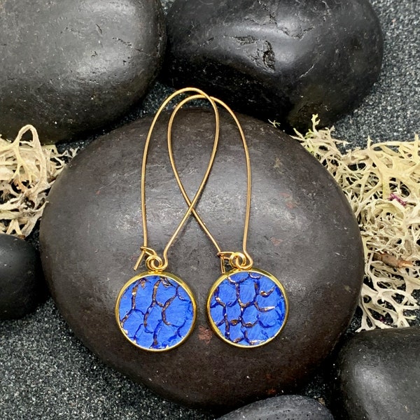 Long 'Blátt': blue Icelandic salmon leather earrings with gold metallic overlay