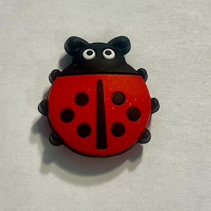 Op de afbeelding: Een lieveheersbeestje-vormige bedel met een glanzend rood lichaam en zwarte stippen. Het lieveheersbeestje heeft een zwarte kop met witte ogen en kleine antennes. De bedel is een klein, decoratief item.