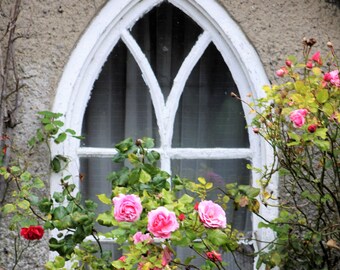 Ireland Photo Note Card, Blank, Arched Window, Roses, Anniversary, Romantic Travel Photo, Birthday, Church, Irish, Celtic