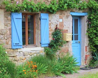 France Photo Note Card, Blank, French Country, Blue Doors, Window Shutters, Romantic Travel Photo, Birthday, Anniversary, Nature, Wedding