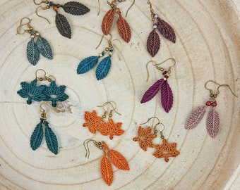 Leaf macrame earrings, feather earrings, autumn