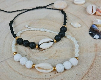 Diffuser bracelet with cowrie shell, shell bracelet with real lava stone beads, aromatherapy essential oils macrame bracelet