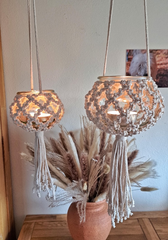 Makramee Windlicht, Fensterdeko, Hängewindlicht