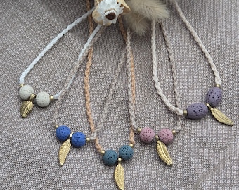 Necklace with lava stone beads, aromatherapy essential oils, macrame necklace with brass pendant