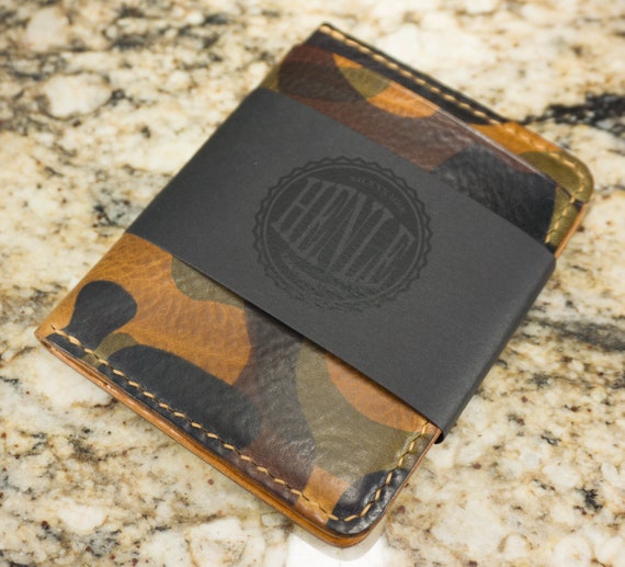 English Bridle Leather Wallet Camouflage Billfold La Perla Azzura Camo Full Grain Handmade - 