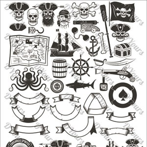May include: Black and white illustrations of pirate themed imagery, including skulls, swords, ships, anchors, and banners. The illustrations are in a vintage style and would be great for a pirate themed party or project.