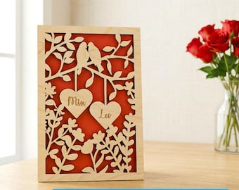 Wooden 5th Anniversary Card SVG, Wood Anniversary Gift with Custom Names Laser Cut Love Birds with Hearts Card, Personalized Wooden Card