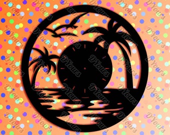 Tropical Beach Clock Plans - svg cdr dxf pdf files - Files for Laser Cutting Printing CNC Engraving Clipart