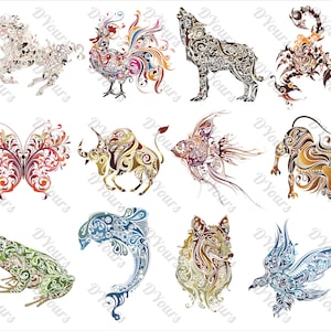 Floral courbes ornement animaux Pt.2 - svg cdr ai pdf jpg files - téléchargement télécharger les fichiers pour l’impression coupe gravure Clipart Laser découpe CNC