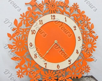Orange Floral Clock Plans - Flowers Leaves Birds  - svg cdr dxf pdf files - Files for Laser Cutting Printing CNC Engraving Clipart