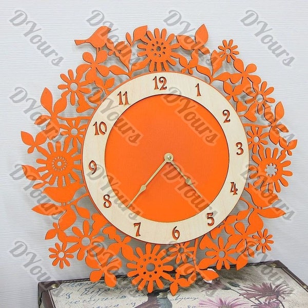 Orange Floral Clock Plans - Flowers Leaves Birds  - svg cdr dxf pdf files - Files for Laser Cutting Printing CNC Engraving Clipart