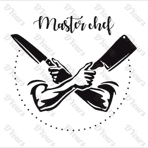 Puede incluir: Ilustración en blanco y negro de dos cuchillos de chef cruzados con el texto "Master chef" encima.