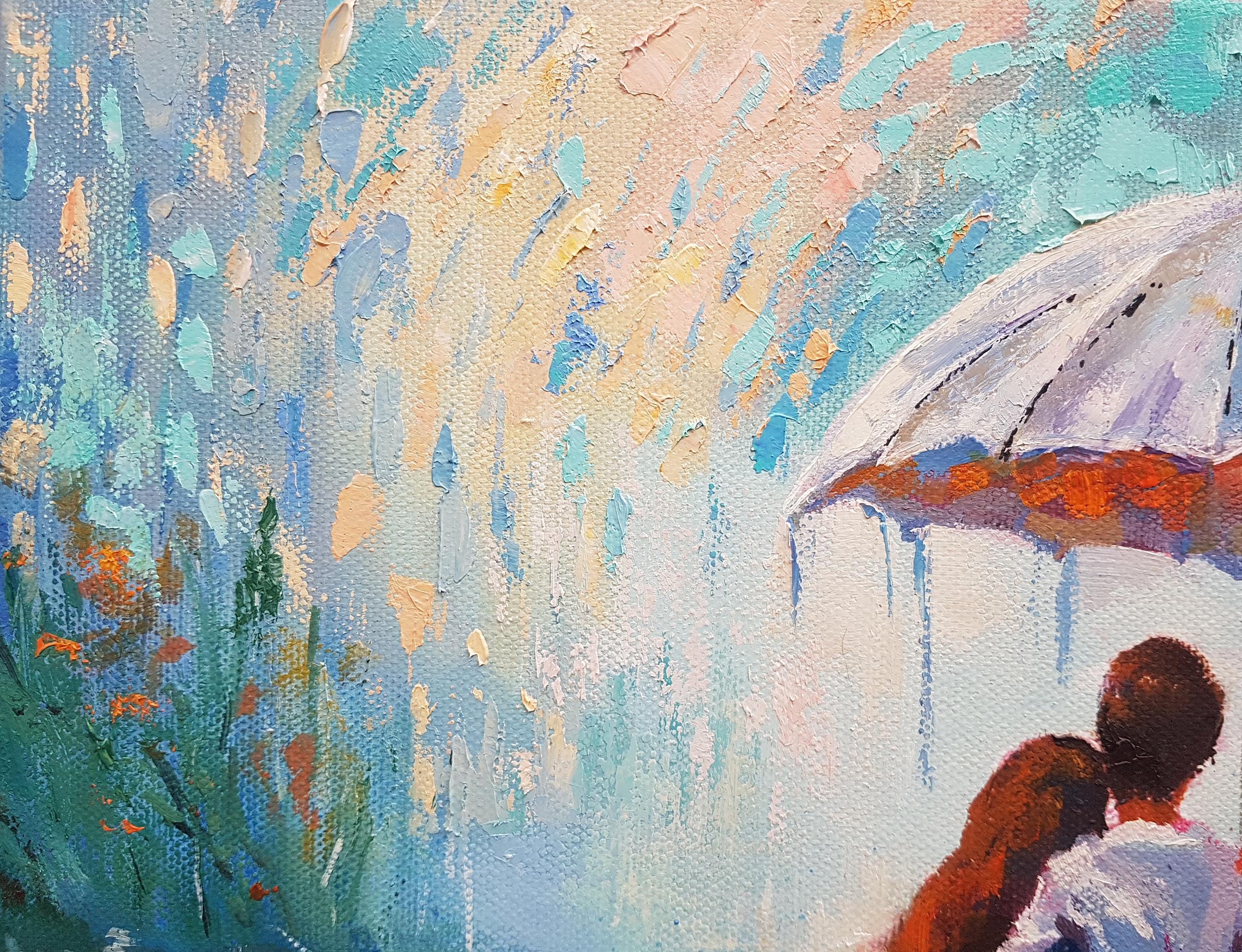 D. Misanth 油彩画 カップル 雨傘 Love Romantic Original Oil Painting Man and Woman Two Under
