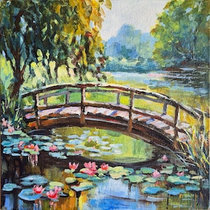 Water Lilies Pond Painting: Impressionist Floral Wall Art, 8x8 Lotus Flowers Artwork