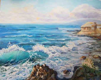 Zeegezicht Oceaan schilderij originele oliekunst Big Surf Beach schilderij Wall Art nautische schilderij Oceaan kunst impressionistische schilderij kust kunst