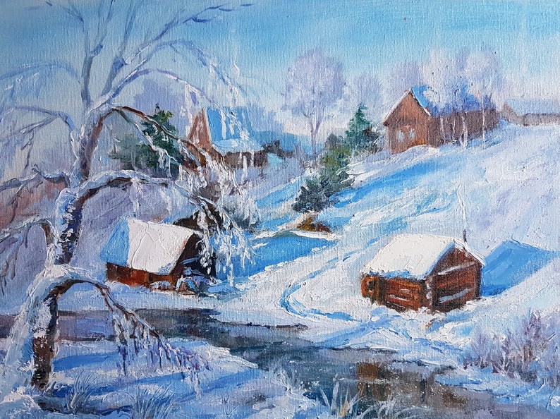 Snowy Winter Landscape Rustic Winter Oil Painting Winter Wall Art