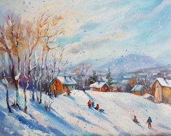 Winter Landscape Oil Painting: Kids Sledding in Snow, Christmas Decor