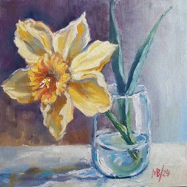 Jonquille peinture originale peinture à l'huile fleur nature morte Art floral 10 x 10 pouces jaune printemps fleurs jonquilles Art décoration murale décoration d'intérieur